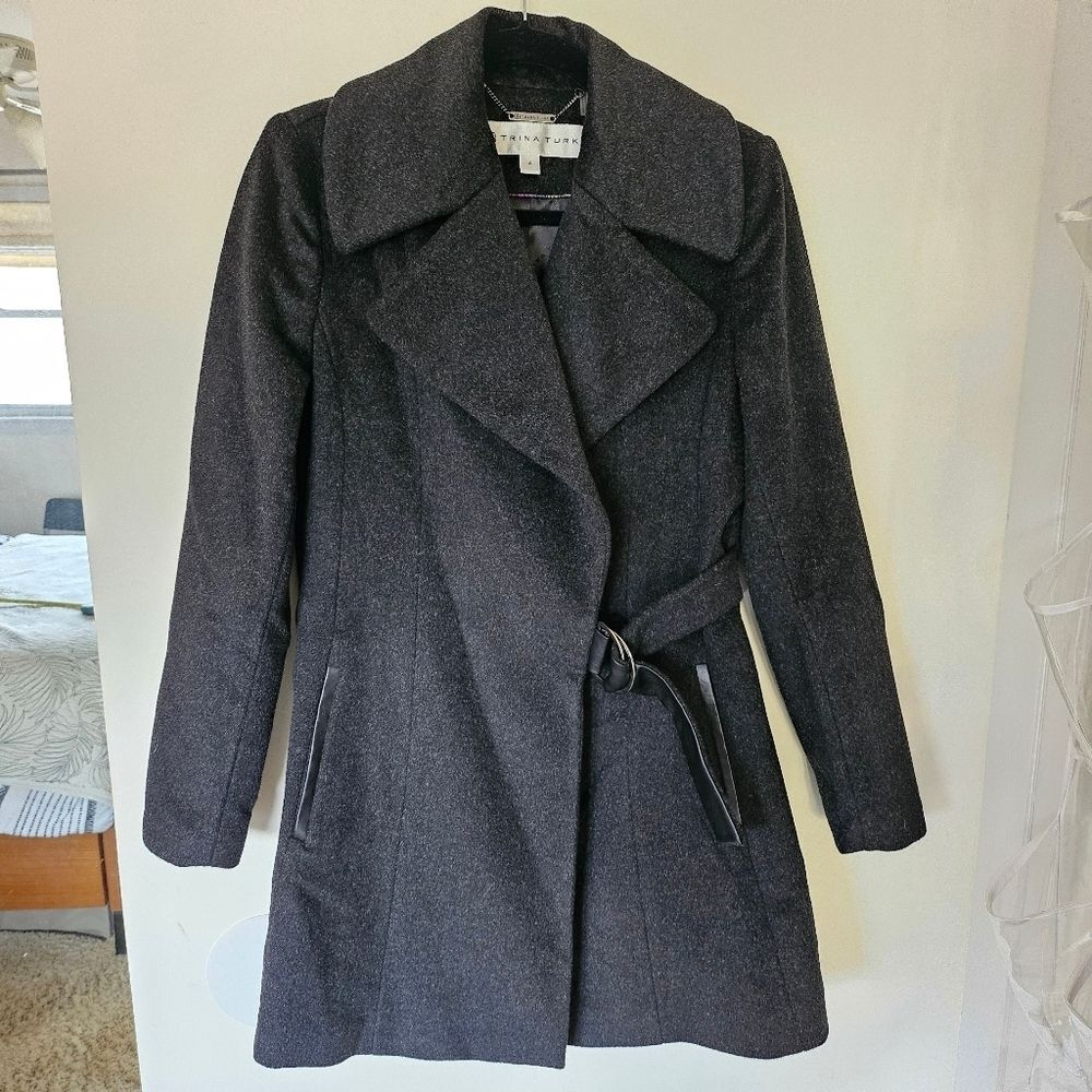 EUC Trina Turk Coat Lambswool Blend Belted Charcoal Grey Size 4